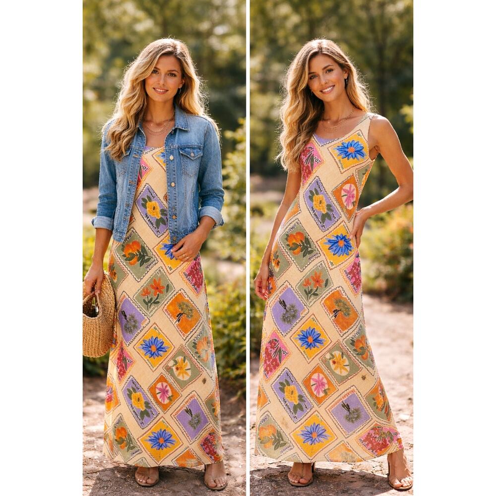 Paper Heart Floral Sz L Maxi Dress Cottagecore Boho Sleeveless Summer Midi/Maxi